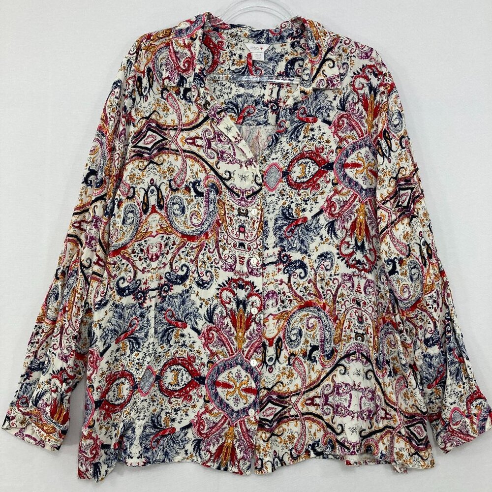 Intro. size 22/24‎ Multi Color Abstract Artsy Print Soft Rayon Button Down Comfy